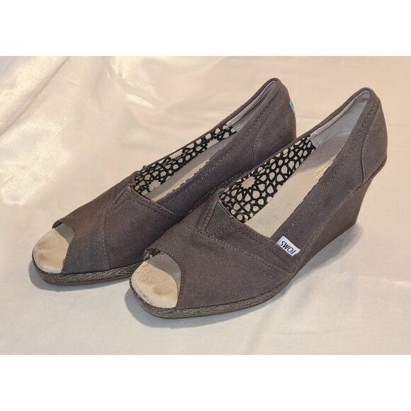 TOMS Women's Espadrille Wedge Heels Open Toe Ash Gray Canvas Shoes Size 9.5 - Picture 2 of 8